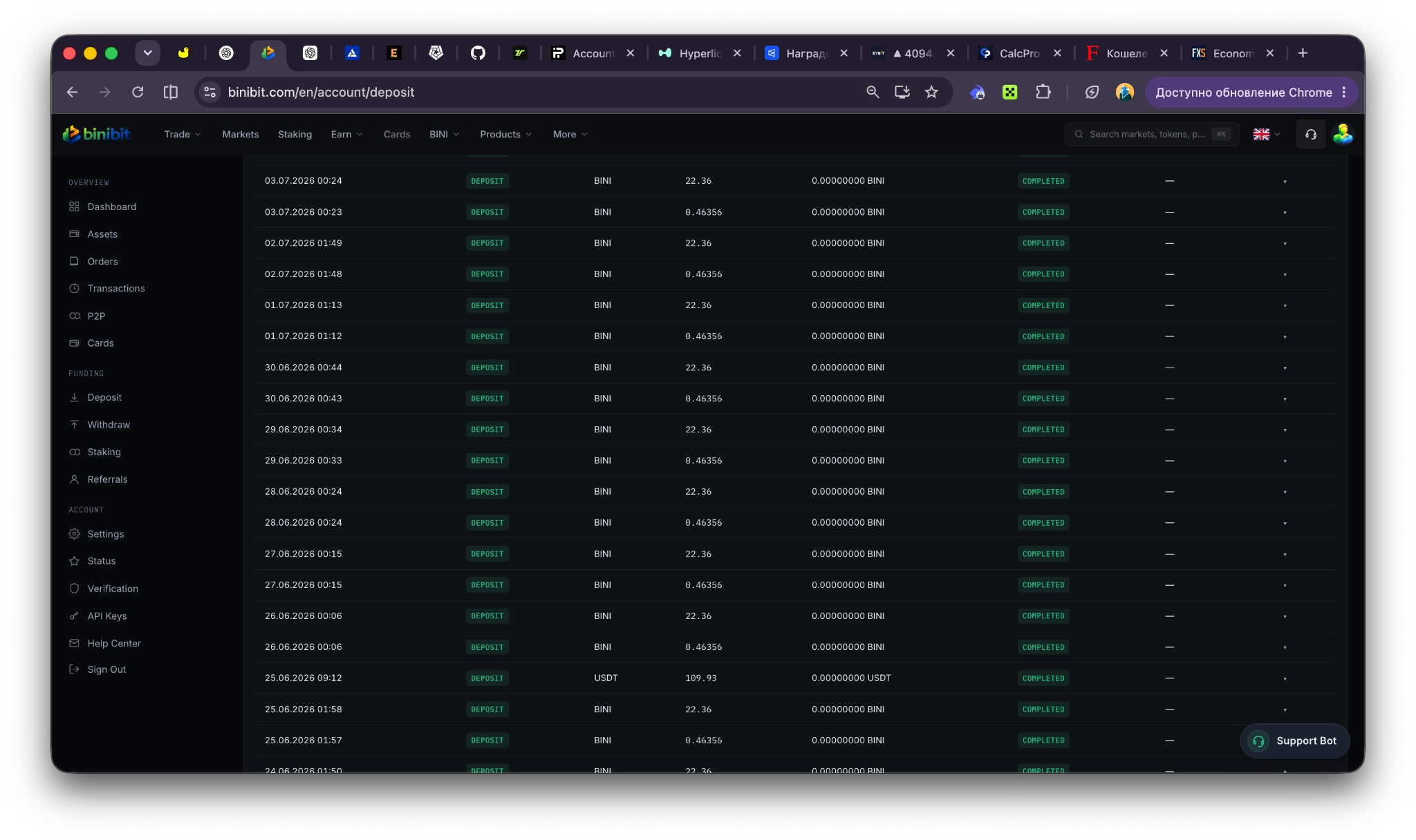 История пополнений USDT 18-23 июня 2026